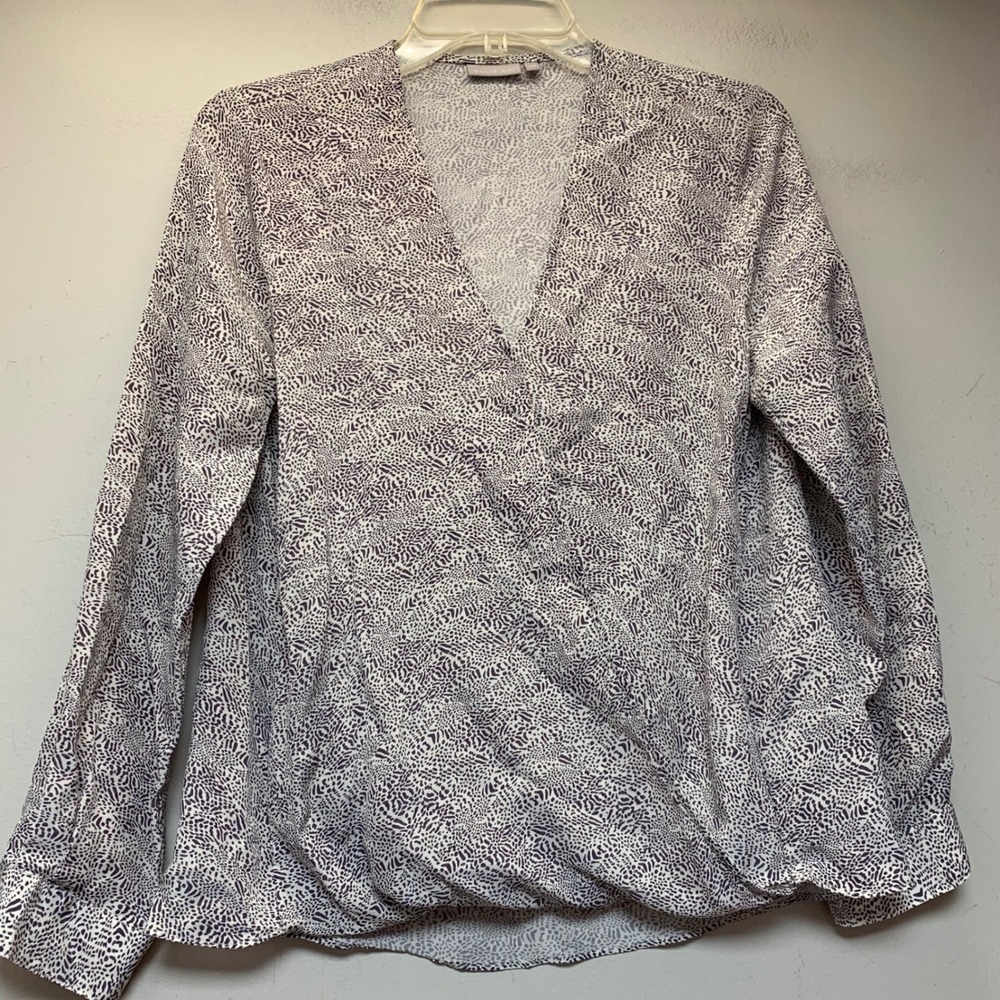 Ellie Kai Silk Blouse Women XS Purple White Abstract Wrap Top Excellent LS